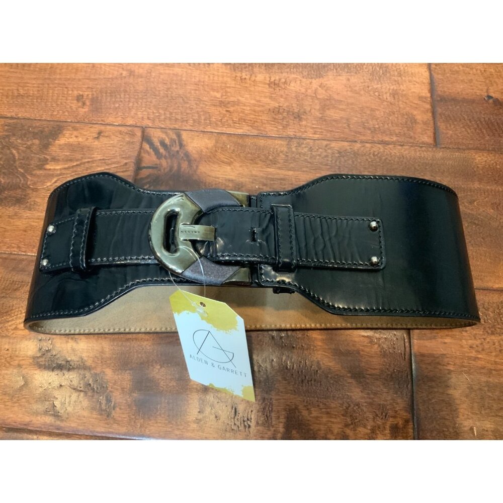 Celine Black Wide Strap Patent Leather Belt, Size Small (27" to 29")